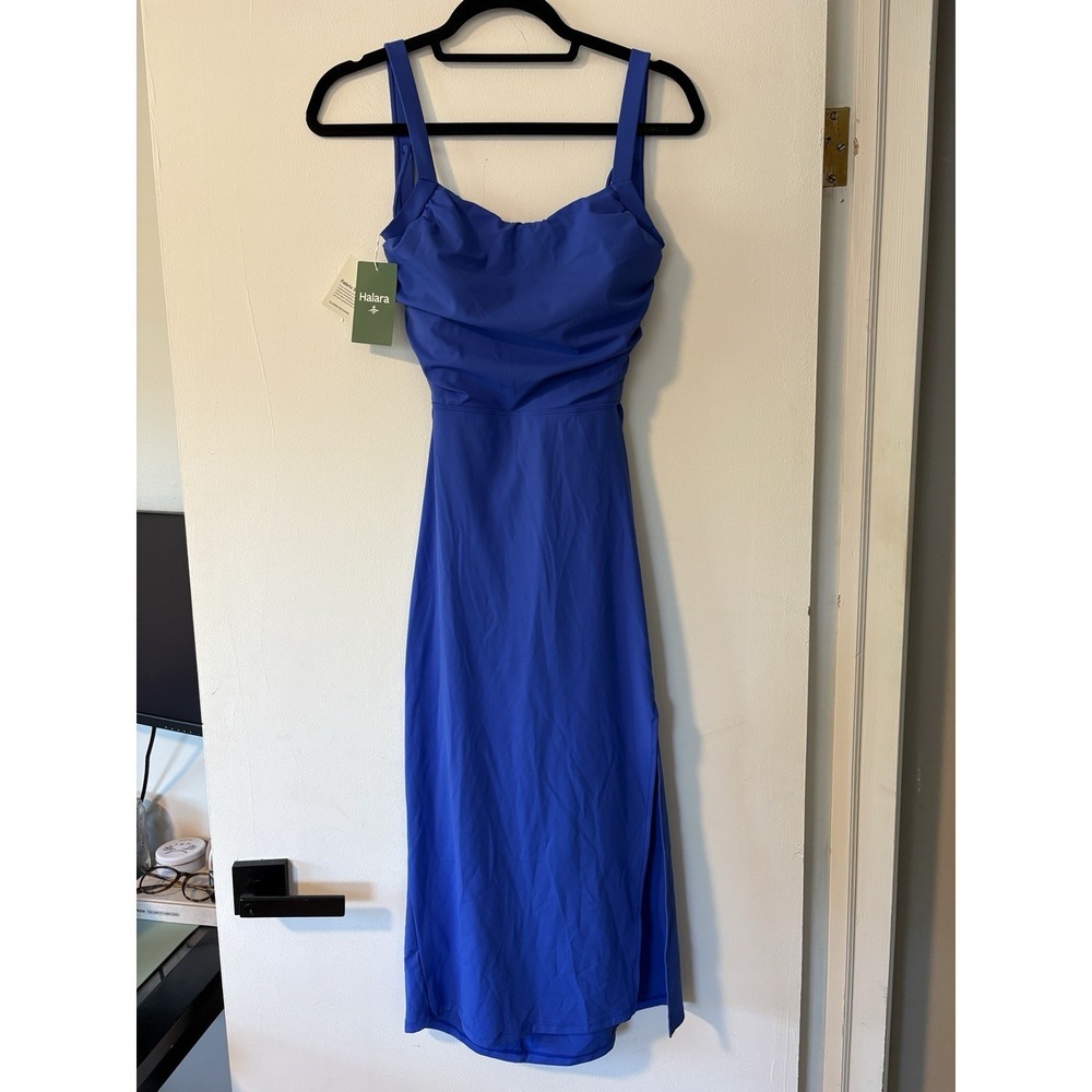 Halara Softlyzero Dress Blue Strappy Lace up Back Cut Out Midi Bodycon Medium